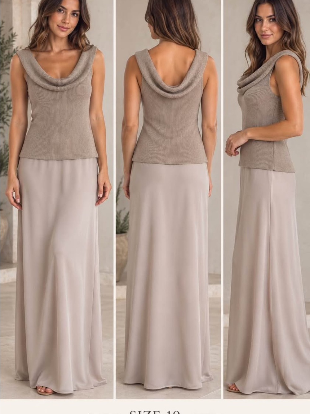 Sleeveless Cowl-Neck Knit Top & Maxi Skirt Set in Taupe -